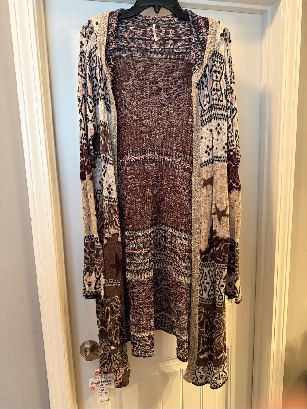 Free People Maroon and Cream Hooded Geo-Print Long Cardigan